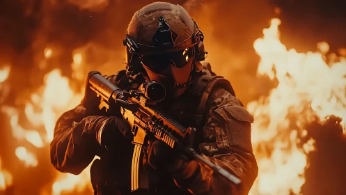 Armored soldier advances through blazing battlefield inferno
