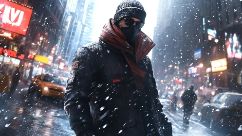 Masked drifter stalks a neon city in winter storm hush.