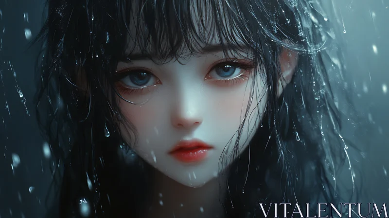 Digital portrait shows stylized wet-haired girl in rainfall