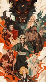 Dynamic anime ensemble framed by fiery dragon apparition