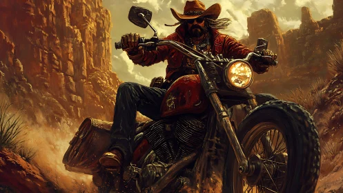 Dust-laced canyon ride with lone outlaw biker roaring forward.