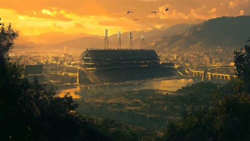 Sunlit riverside stadium dominates dense valley metropolis at dusk