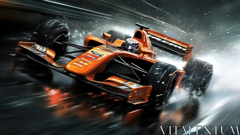 Orange formula racer cutting through wet illuminated track.