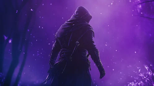 Hooded figure in dark cloak within purple misted forest.