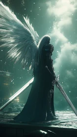 Winged dark knight stands vigilant with twin swords.