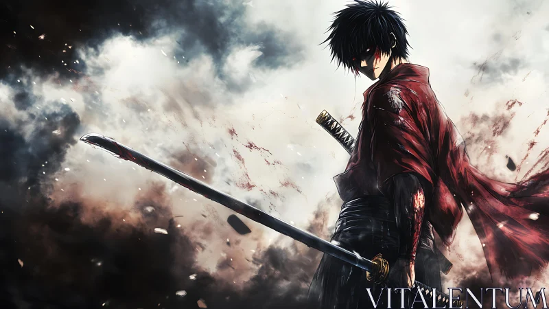 Bloodied anime swordsman stands amid smoky battlefield.