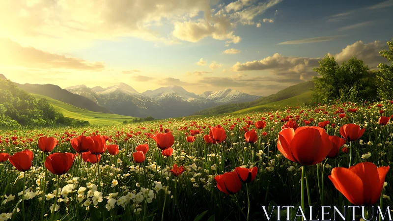 Sunlit tulip valley opens toward distant snow-capped peaks.