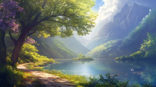 Sunlit lakeside trail winding toward misty blue mountains.