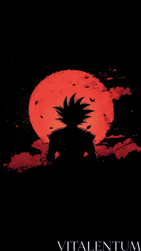 Silhouetted warrior framed against a grunge-textured red moon