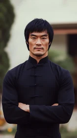 Martial artist in black traditional uniform outdoors.