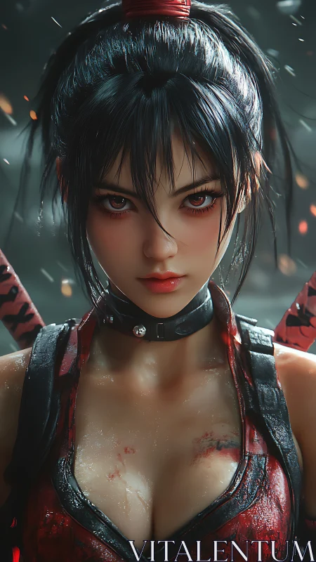 Battle-hardened warrior stands in rain with fiery gaze.