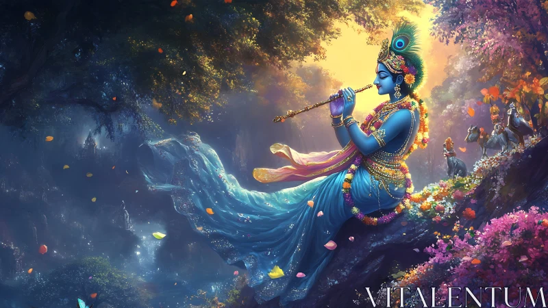 Blue deity playing flute in luminous forest landscape.