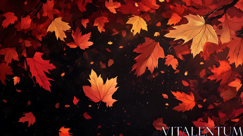 Maple foliage drift on dark negative space autumnal field.