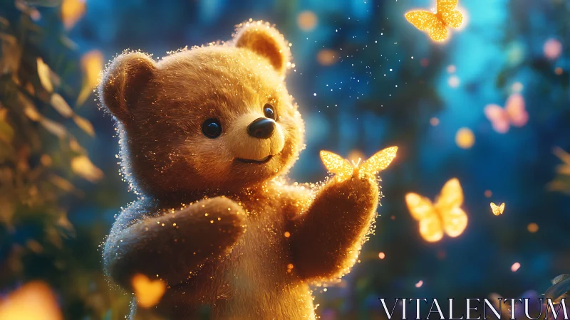 Bioluminescent butterflies interacting with soft furred bear.
