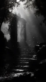 Ruined stone archway in misted forest chiaroscuro lighting.