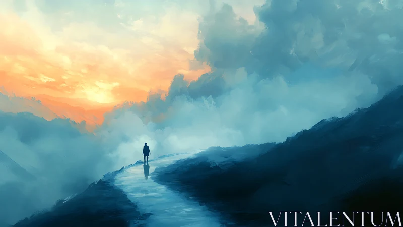 Solitary dreamwalker strolls the sky-road into painted dawn
