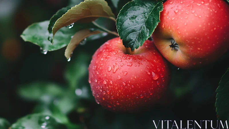 Ripe red apples with raindrops in soft garden bokeh background.