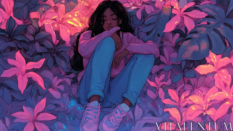 Dreamy young woman resting in neon glowing jungle garden.