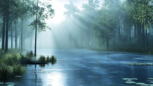 Misty Waterway Through Towering Pines and Ethereal Light.