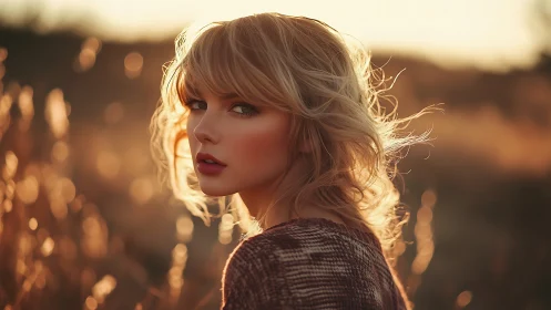 Blonde woman looks back in warm sunset field lighting
