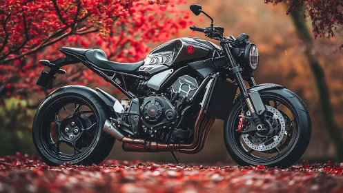 Custom black cafe racer motorcycle contrasts with vivid autumn foliage