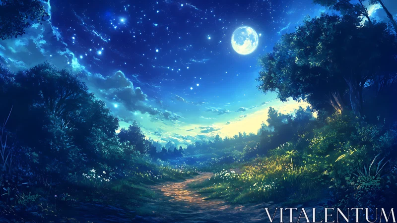 Moonlit woodland path quietly rehearses tomorrow’s dawn