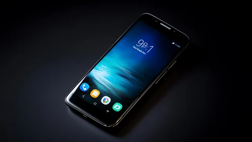 Sleek smartphone floating in soft midnight studio light.
