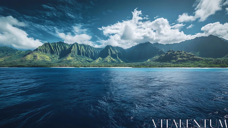 Coastal Mountain Range with Striped Volcanic Peaks and Turquoise Waters