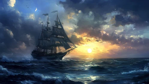 Tall ship under storm-lit sunset over dynamic ocean waves.