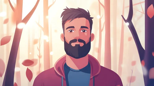 Bearded man in hoodie standing in a soft autumn forest.