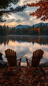 Wooden chairs overlook calm autumn lake at sunset