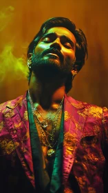 Smoldering portrait in neon gold and magenta tailoring.