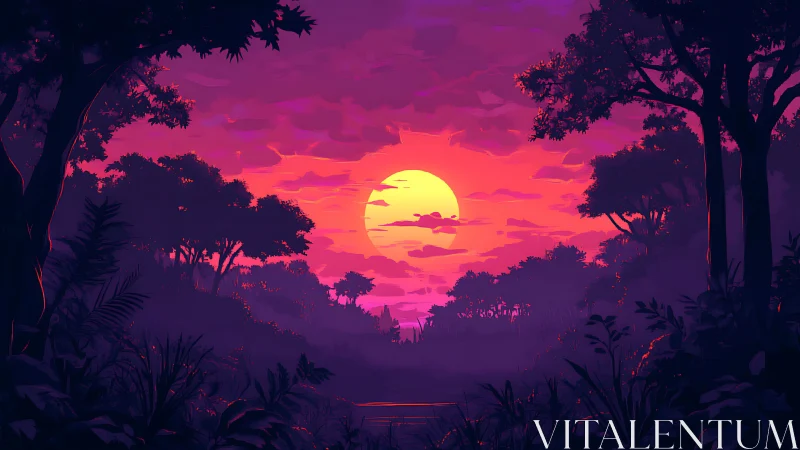 Neon-hued sunset silhouettes dense jungle canopy in profile