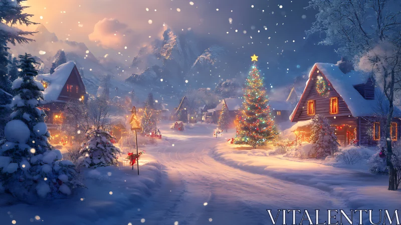 Snowy Christmas village street with lit tree and houses.