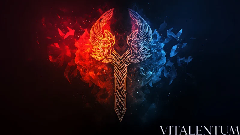 Winged fiery blue emblem divided by molten circuitry.