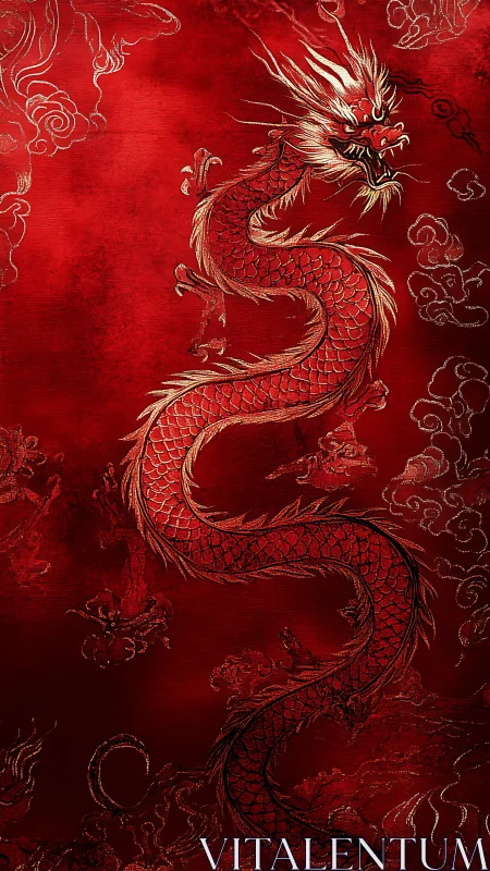 Crimson oriental dragon coiled in luminous embroidered clouds.