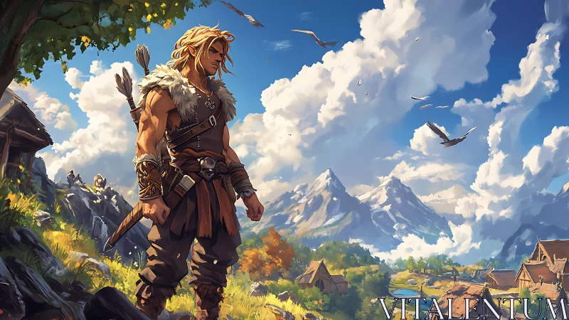 Wandering warrior watching over a bright mountain village.