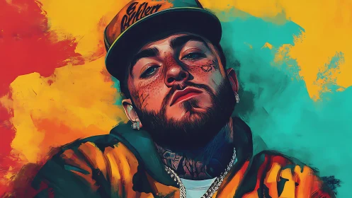 Chromatic digital portrait of tattooed streetwear subject in pose.