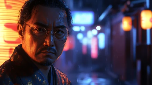 Middle-aged man in night alley with neon lanterns present.