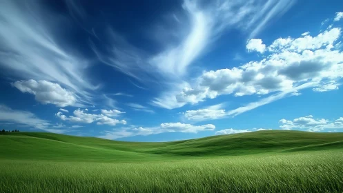 Grassy hills extend under scattered cirrus and cumulus clouds