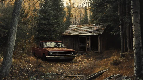 Weathered red truck rests by abandoned forest cabin.