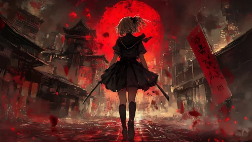 Girl with twin swords walks toward huge red moon in city