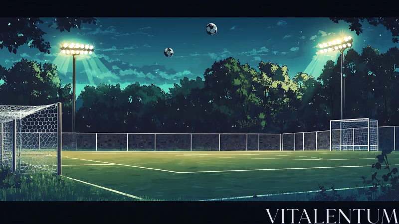 Illuminated outdoor football field displays suspended soccer balls