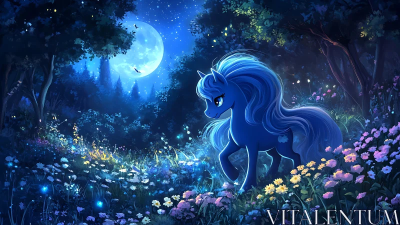Luminous blue pony under moonlit spectral forest canopy.