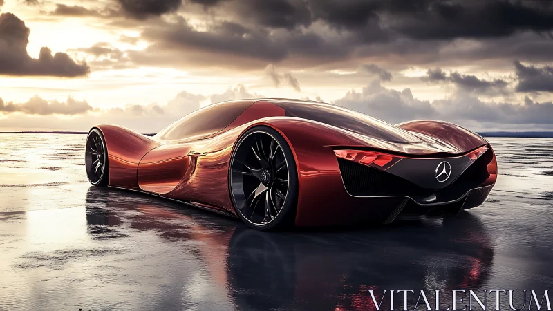 Sleek red concept car glides across a dramatic wet shoreline