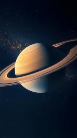 Ringed planet in deep space with detailed illuminated rings.