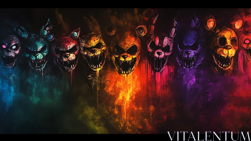 Row of monstrous animatronic heads dissolves into neon haze