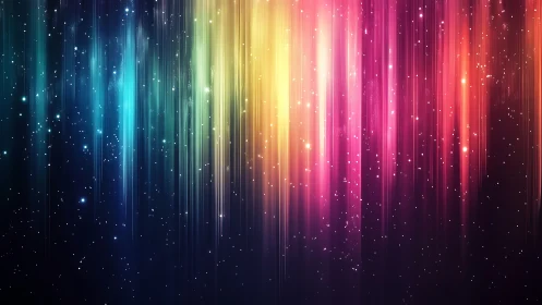 Vertical multicolored light streaks on dark starfield background.
