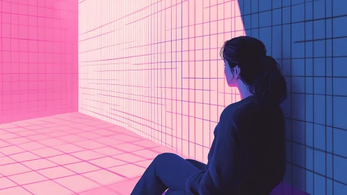 Neon grid chamber with contemplative figure in split lighting.