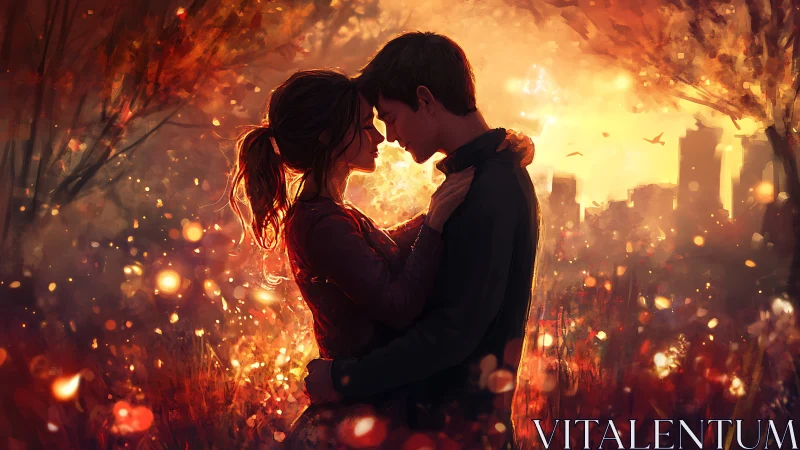 Silhouetted Figures Embracing Within Incandescent Urban Luminescence.